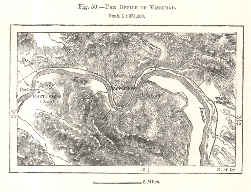 The Defile of Visegrad. Esztergom Hungary. Sketch map 1885 old antique